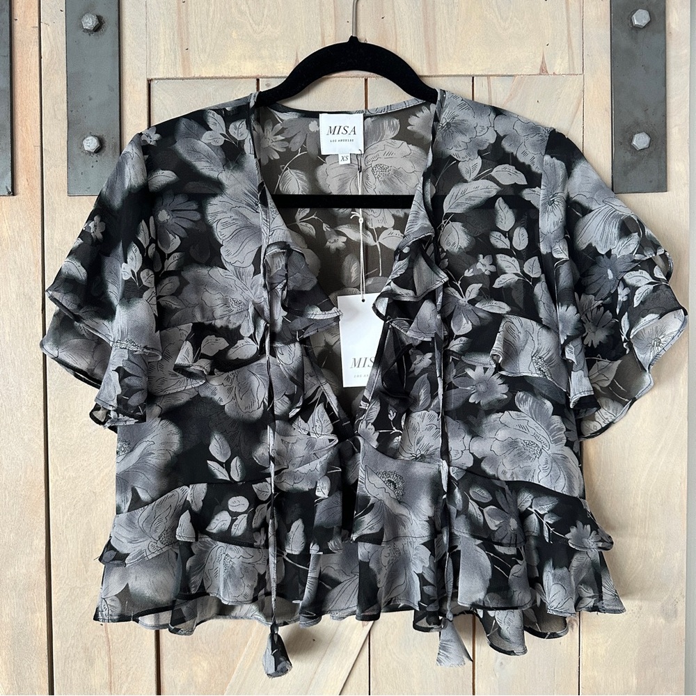 NWT MISA Los Angeles Sheer Floral Ruffle Top in XS